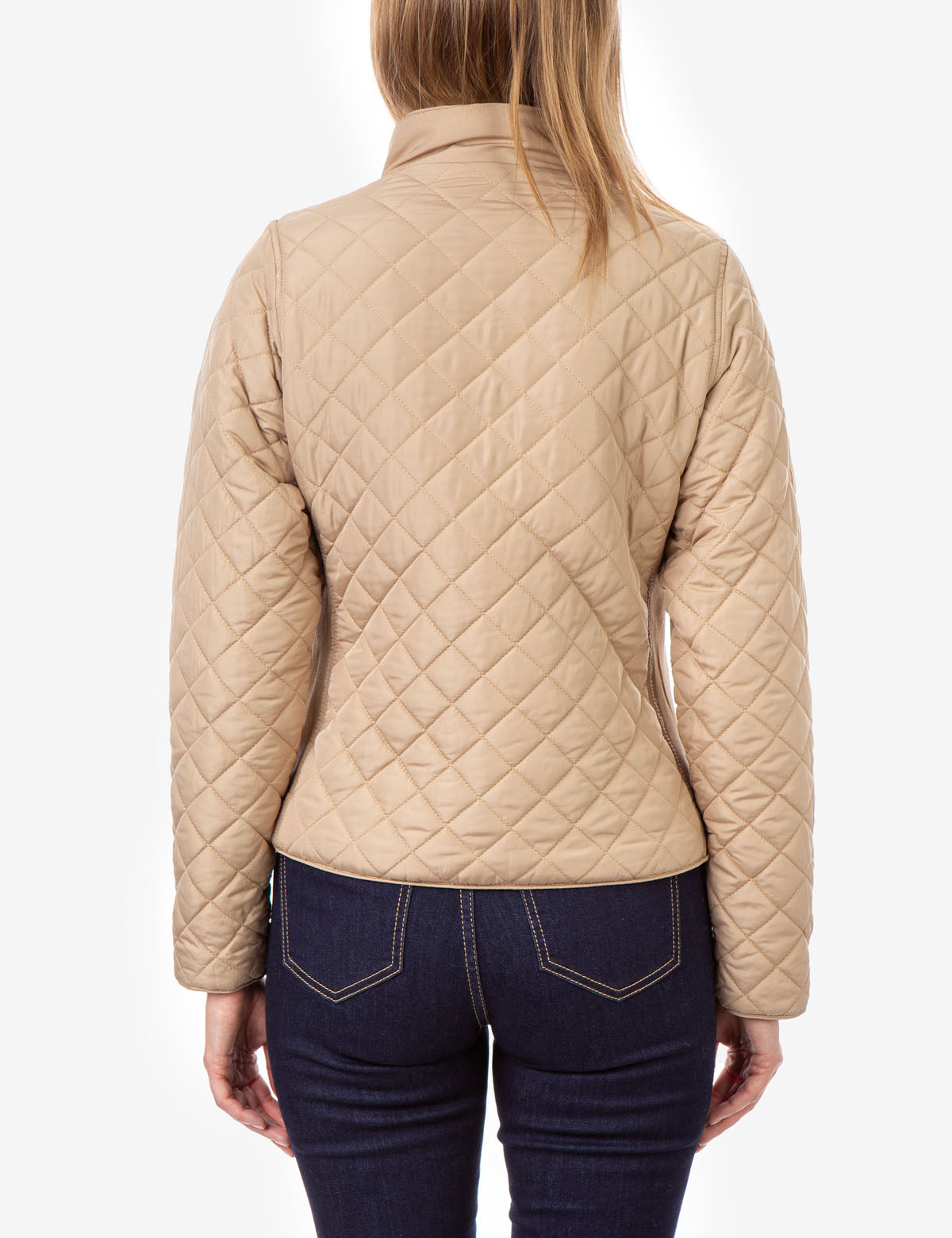 Quilted Jacket with Knit Side Panels & Zipper Pockets | Stand Collar Design