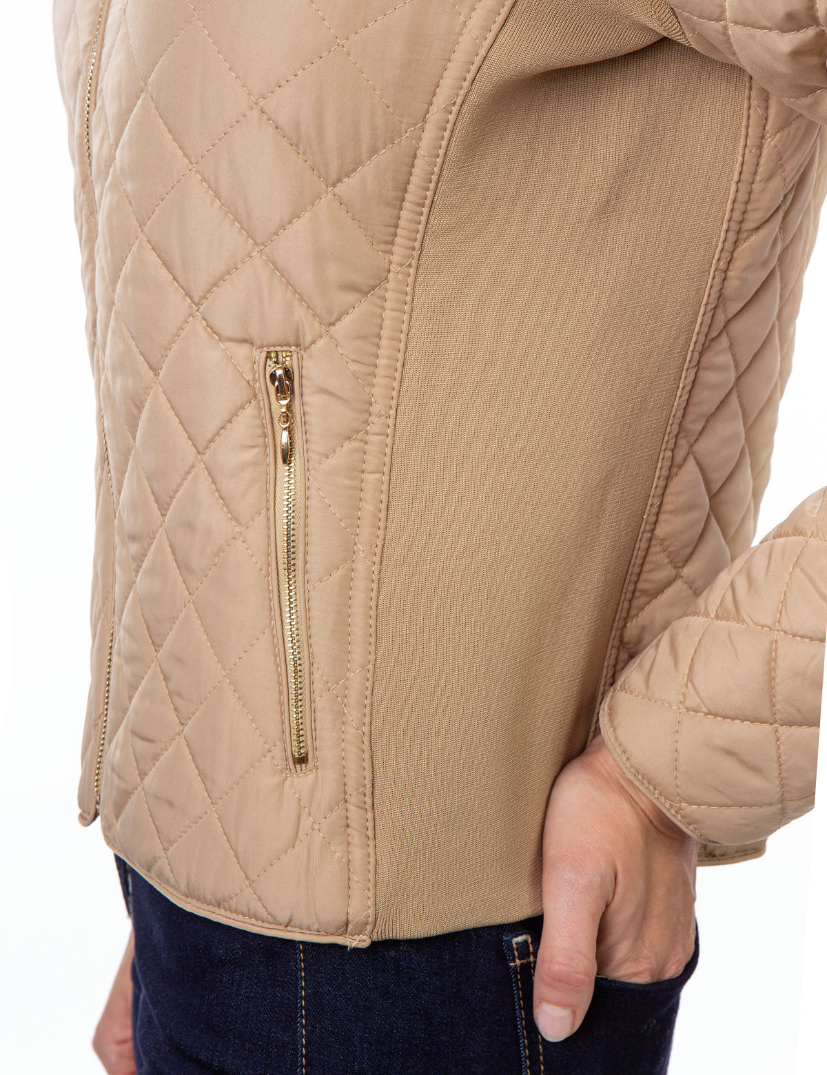 Quilted Jacket with Knit Side Panels & Zipper Pockets | Stand Collar Design