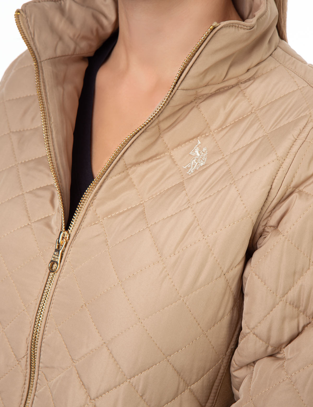 Quilted Jacket with Knit Side Panels & Zipper Pockets | Stand Collar Design