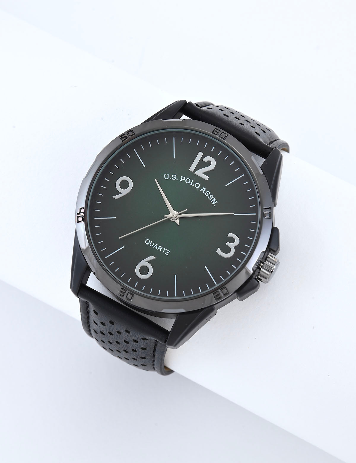 Men's Black Strap Green Face Watch | Classic Casual Timepiece