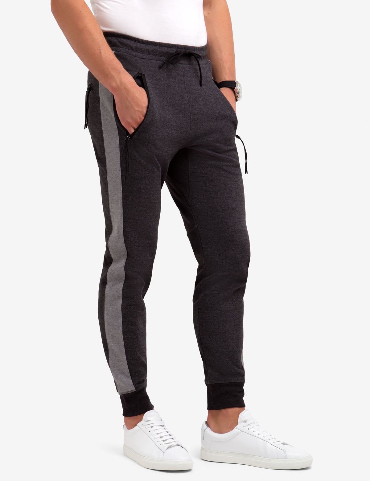 Side Stripe Knit Joggers with Zipper Pockets & Elastic Waistband