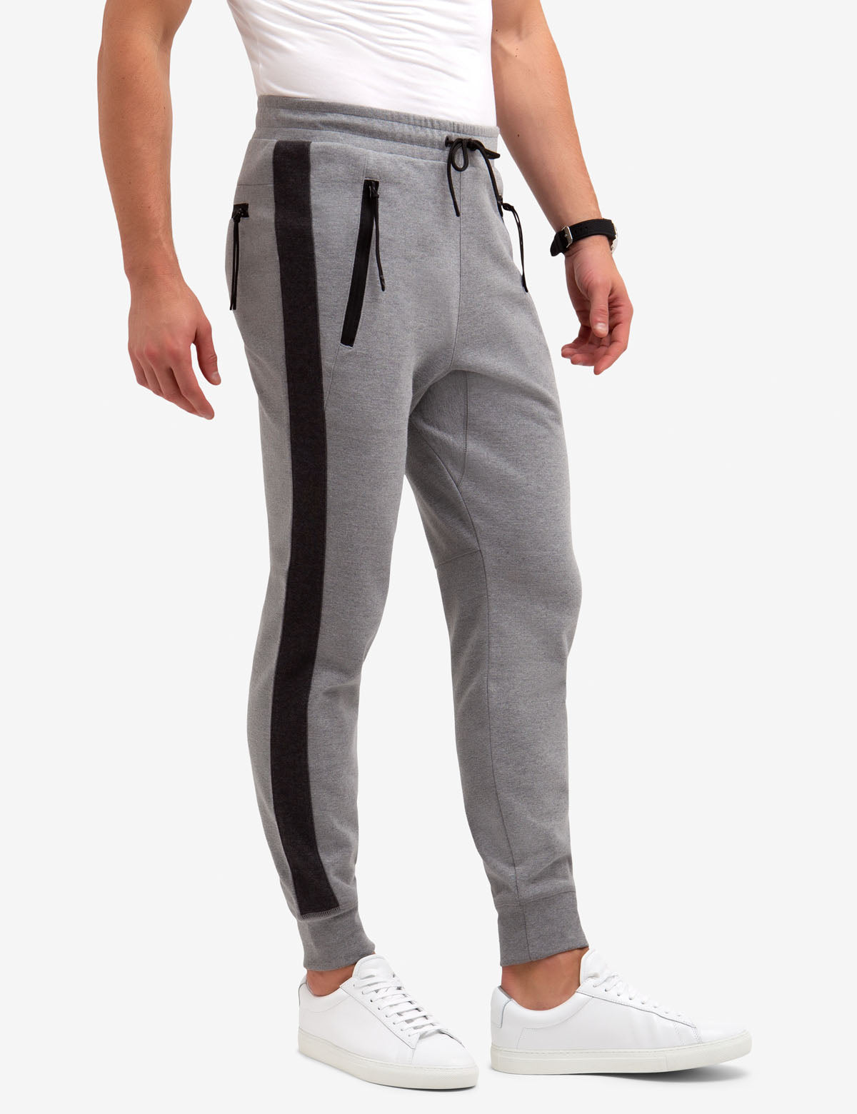 Side Stripe Knit Joggers with Zipper Pockets & Elastic Waistband