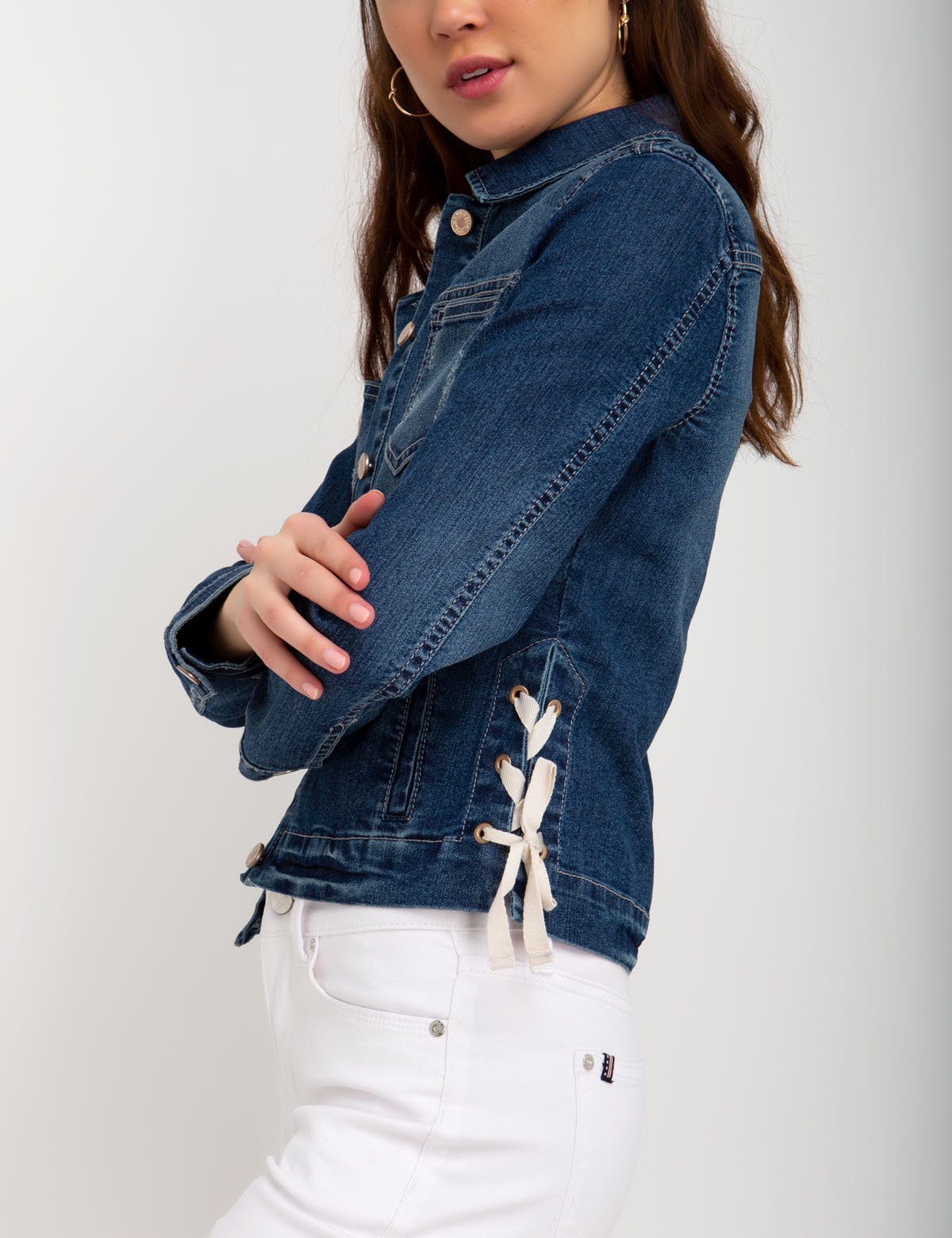Side Tie Denim Jacket with Lace-Up Detail | Cotton Blend