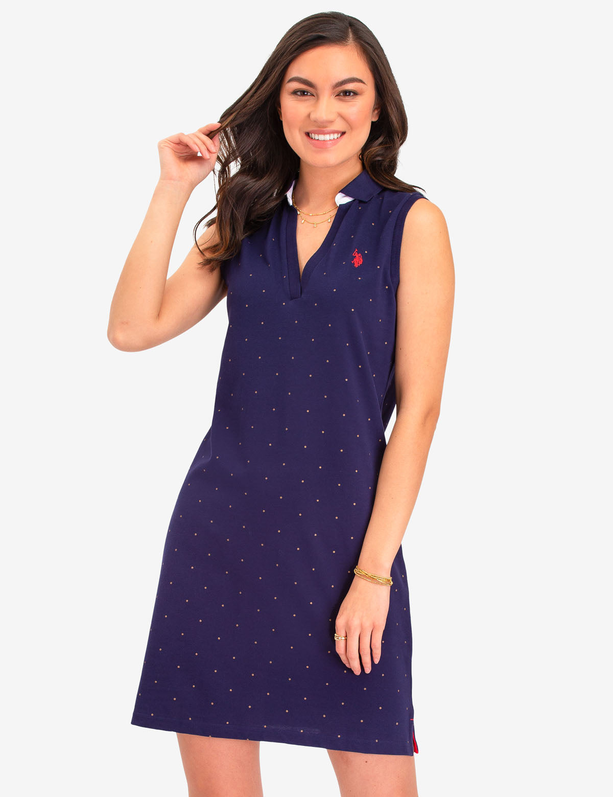 Sleeveless Dot Polo Dress with V-Neck Collar | Embroidered Logo