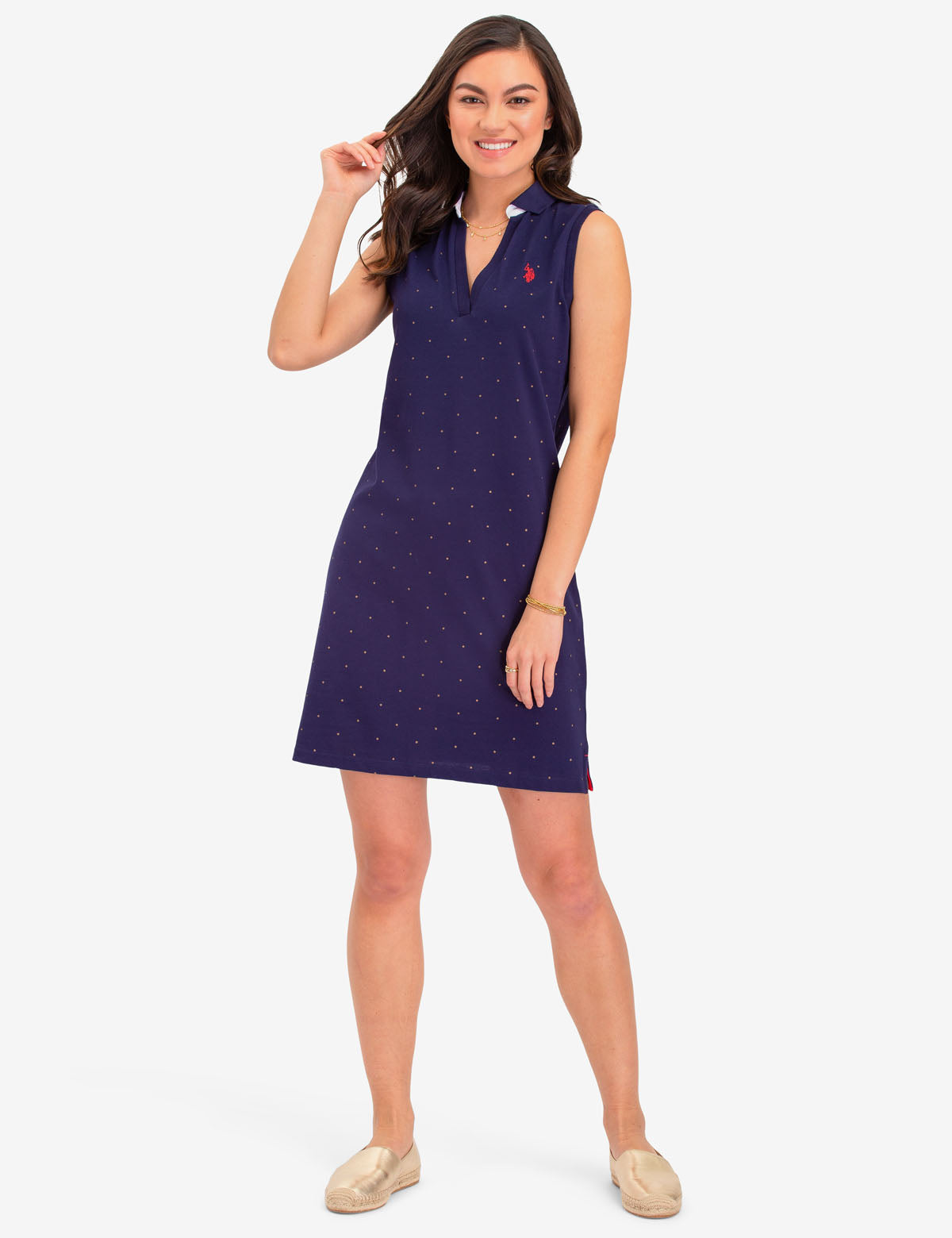 Sleeveless Dot Polo Dress with V-Neck Collar | Embroidered Logo