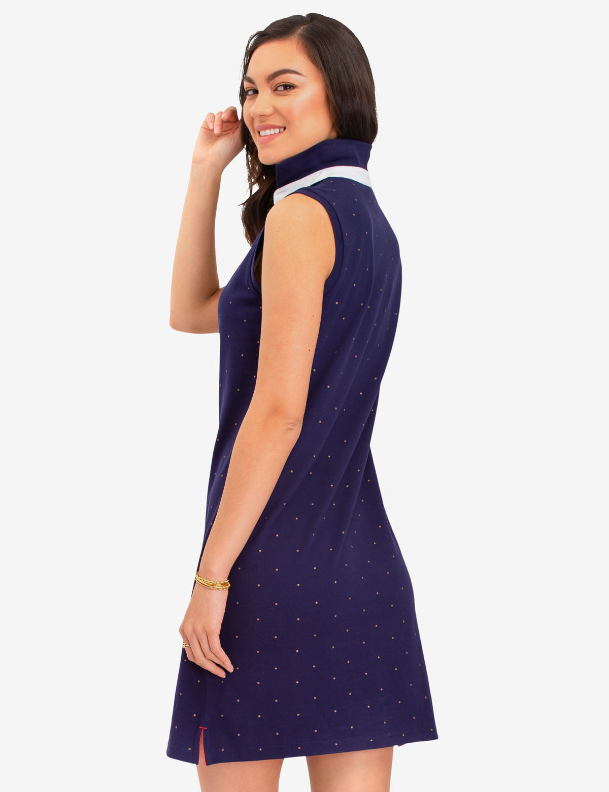 Sleeveless Dot Polo Dress with V-Neck Collar | Embroidered Logo