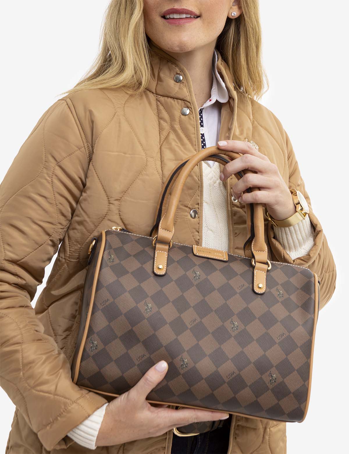 PU Leather Satchel Bag with Crossbody Strap | Diamond Signature Swifty