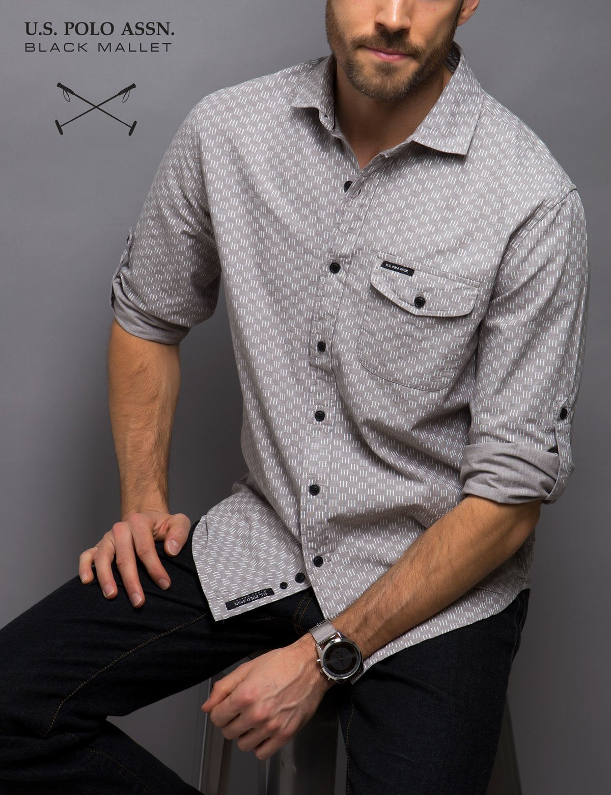 Slim Fit Long Sleeve Cotton Shirt with Chest Pocket | Line Print