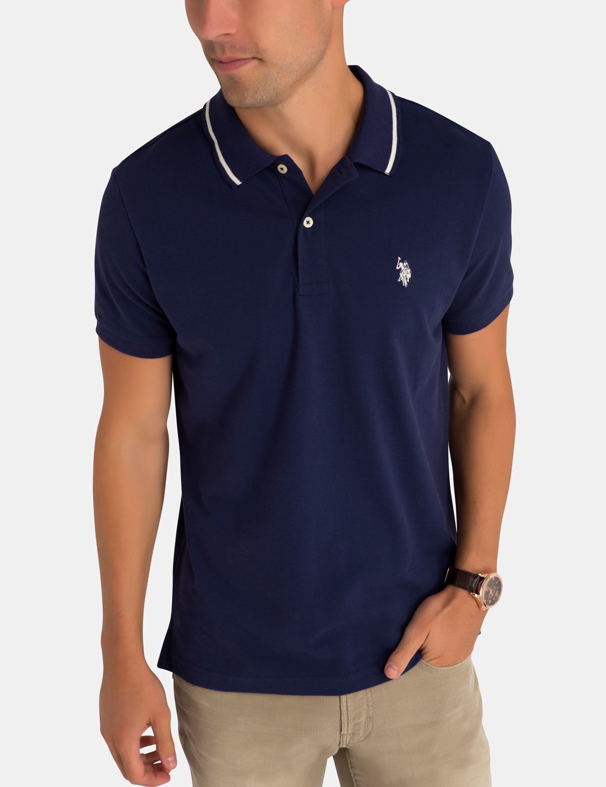 Slim Fit Cotton Polo Shirt with Logo | Short Sleeve & Ribbed Cuffs