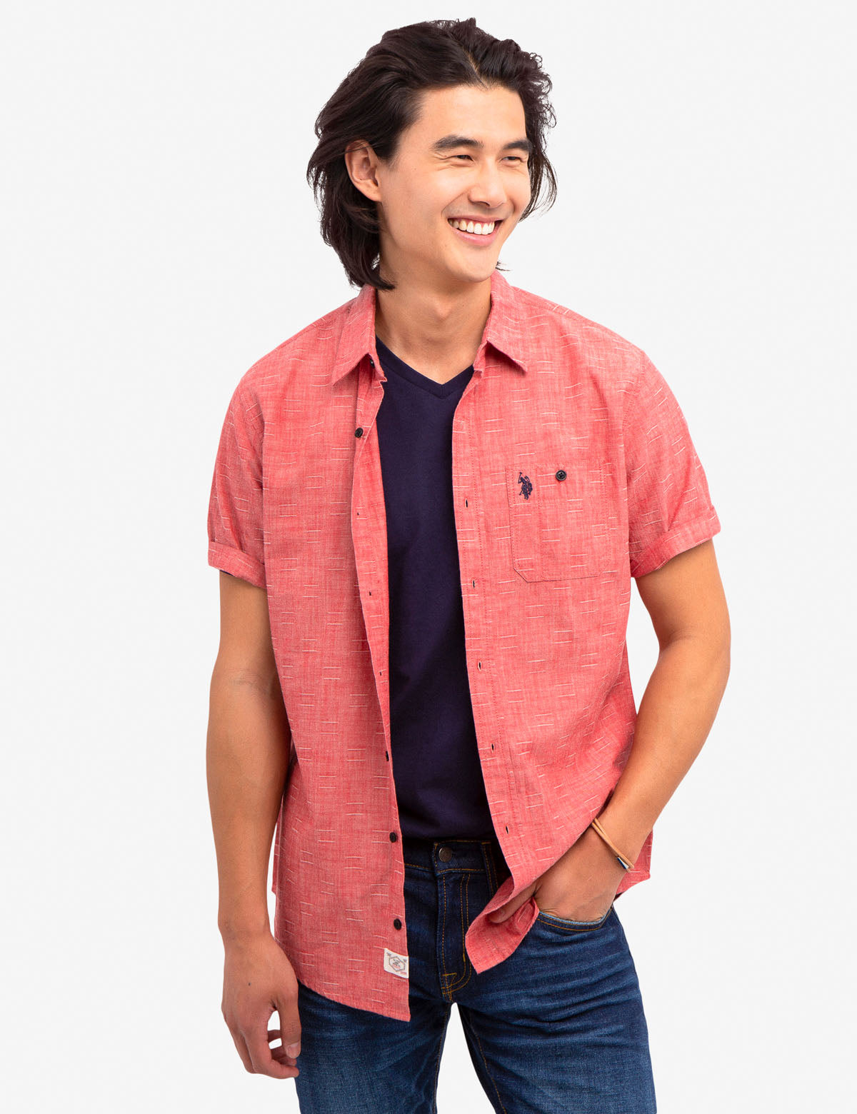 Slub Dobby Cotton Shirt with Button Front & Pocket | Casual Short Sleeve