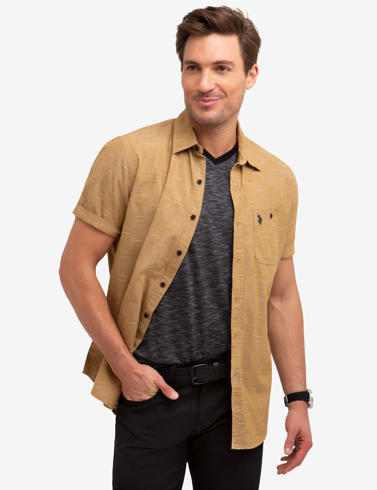 Slub Dobby Cotton Shirt with Button Front & Pocket | Casual Short Sleeve