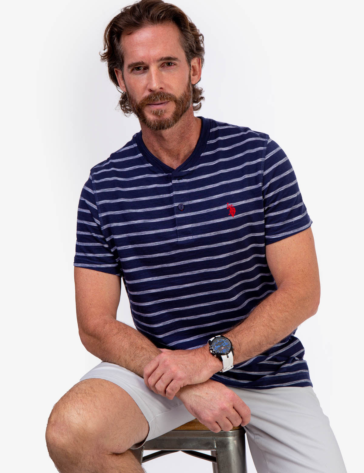 Slub Jersey Henley Shirt with Button Placket & Striped Design