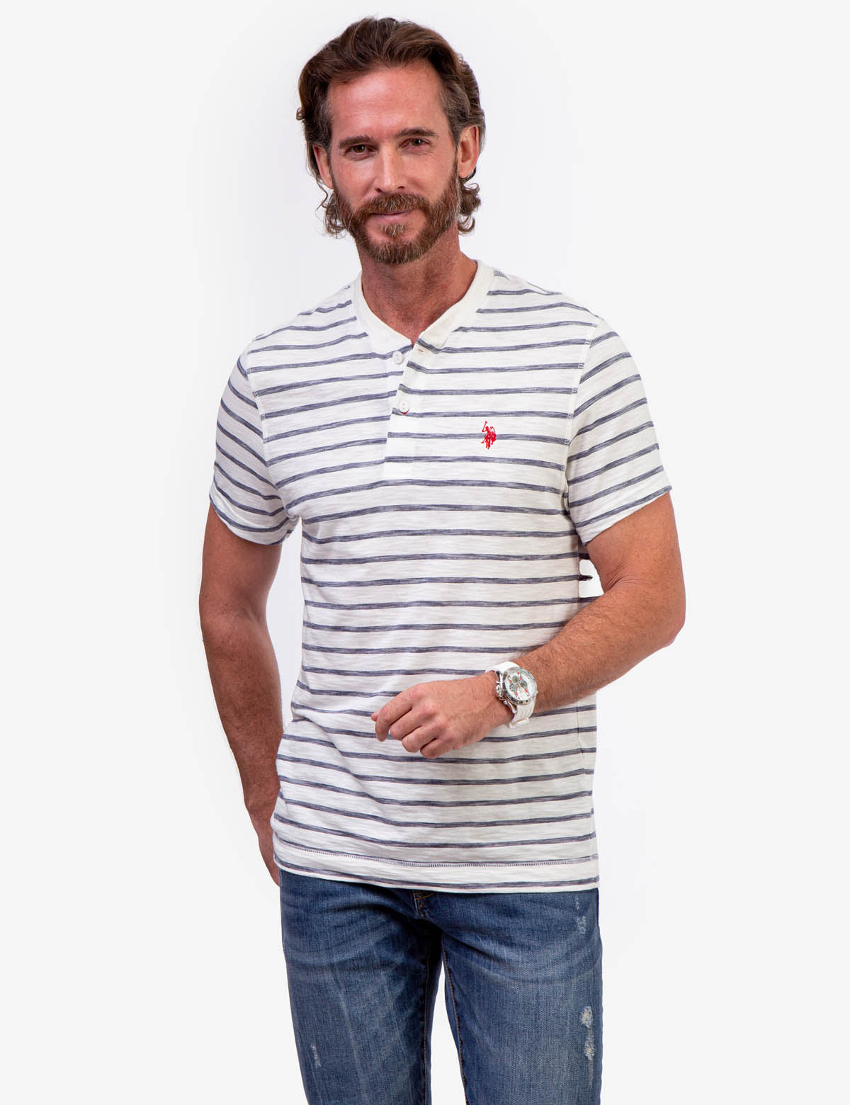 Slub Jersey Henley Shirt with Button Placket & Striped Design