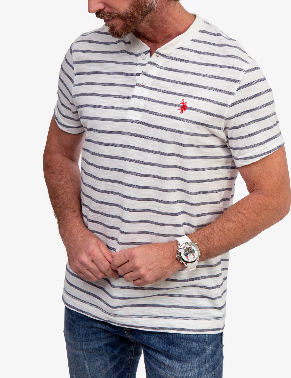 Slub Jersey Henley Shirt with Button Placket & Striped Design