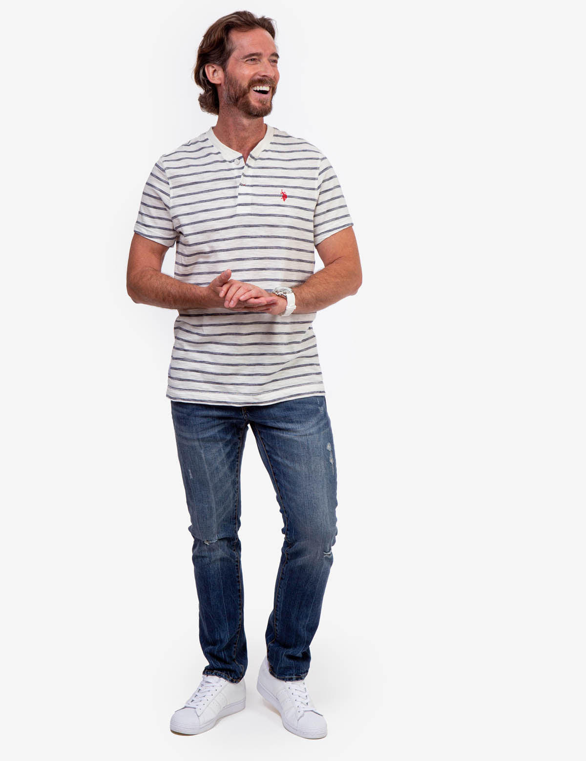 Slub Jersey Henley Shirt with Button Placket & Striped Design