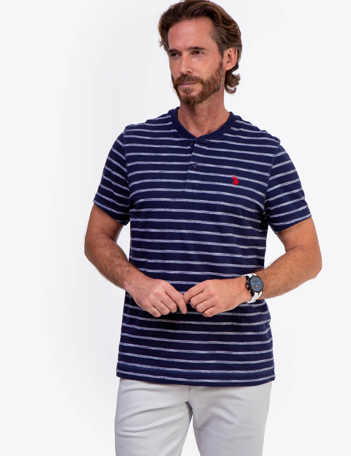 Slub Jersey Henley Shirt with Button Placket & Striped Design