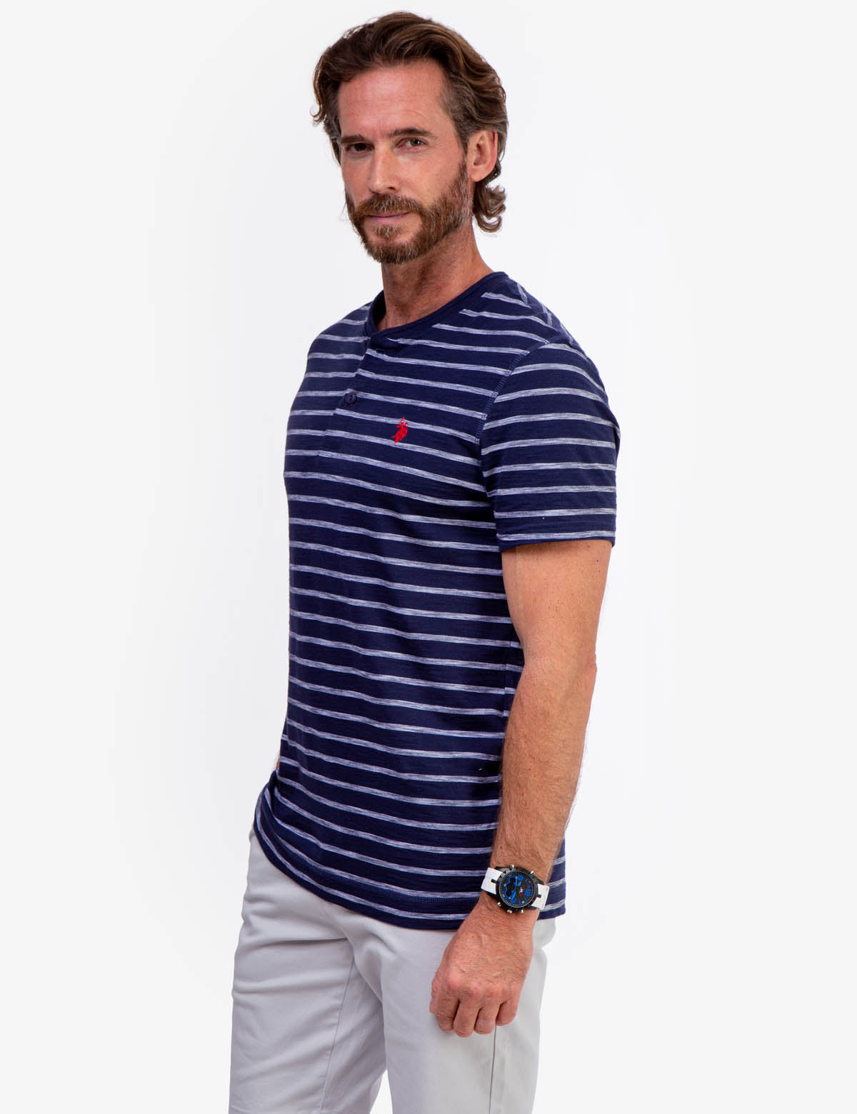 Slub Jersey Henley Shirt with Button Placket & Striped Design
