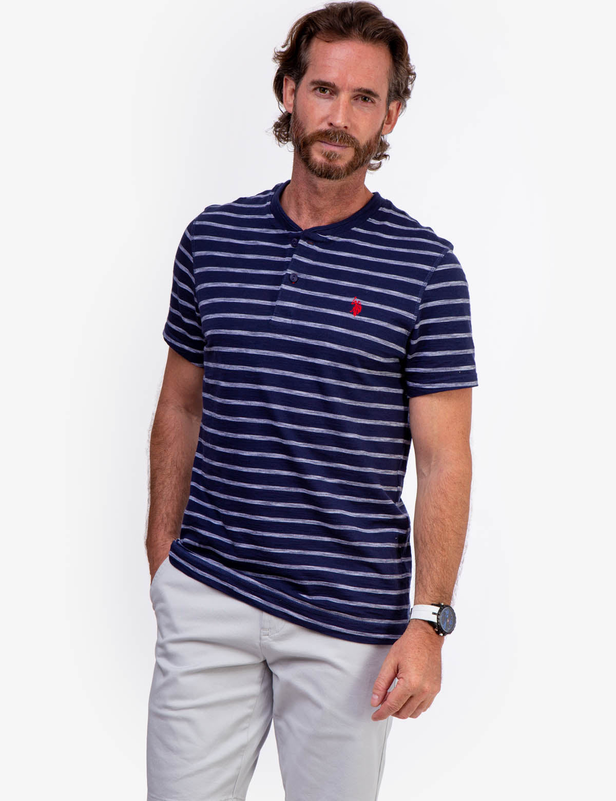 Slub Jersey Henley Shirt with Button Placket & Striped Design