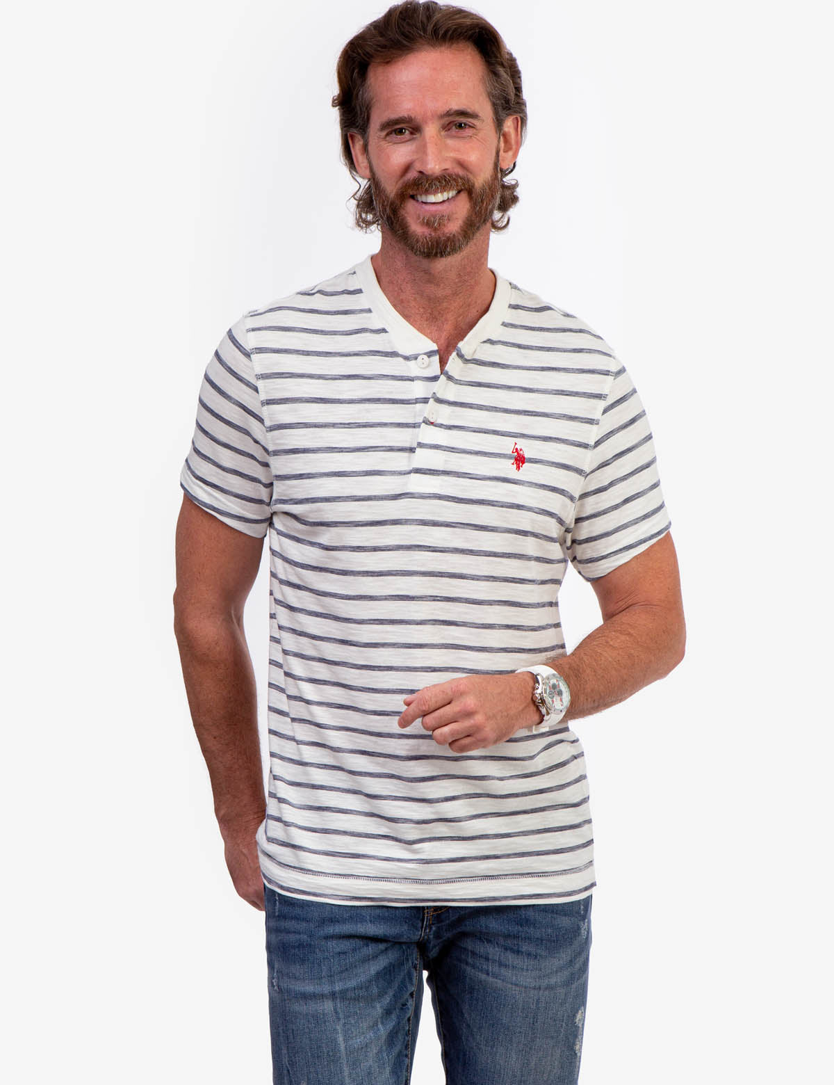Slub Jersey Henley Shirt with Button Placket & Striped Design