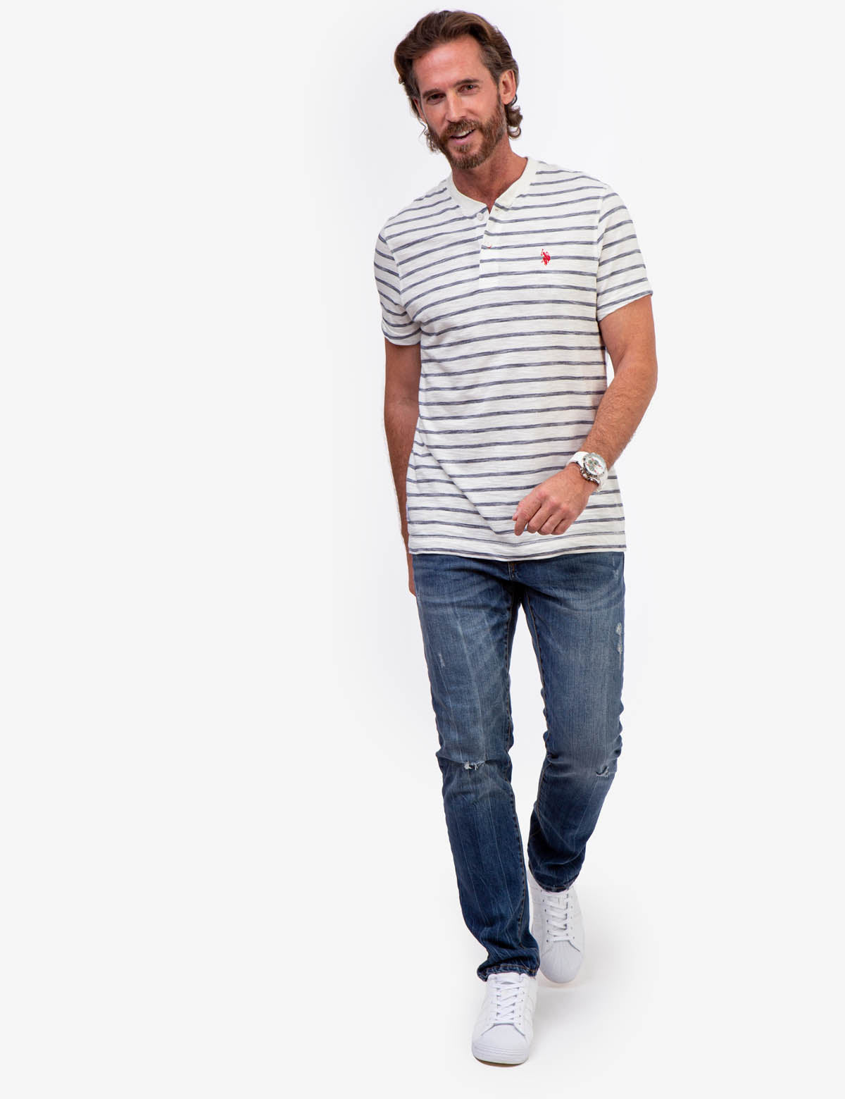 Slub Jersey Henley Shirt with Button Placket & Striped Design