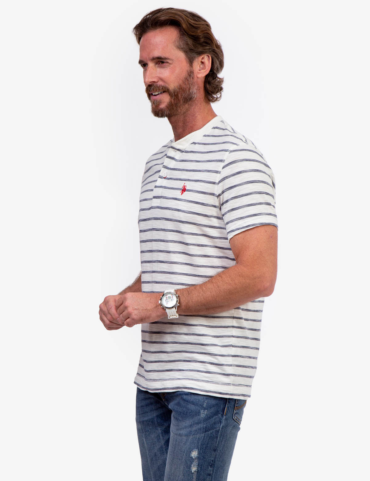 Slub Jersey Henley Shirt with Button Placket & Striped Design
