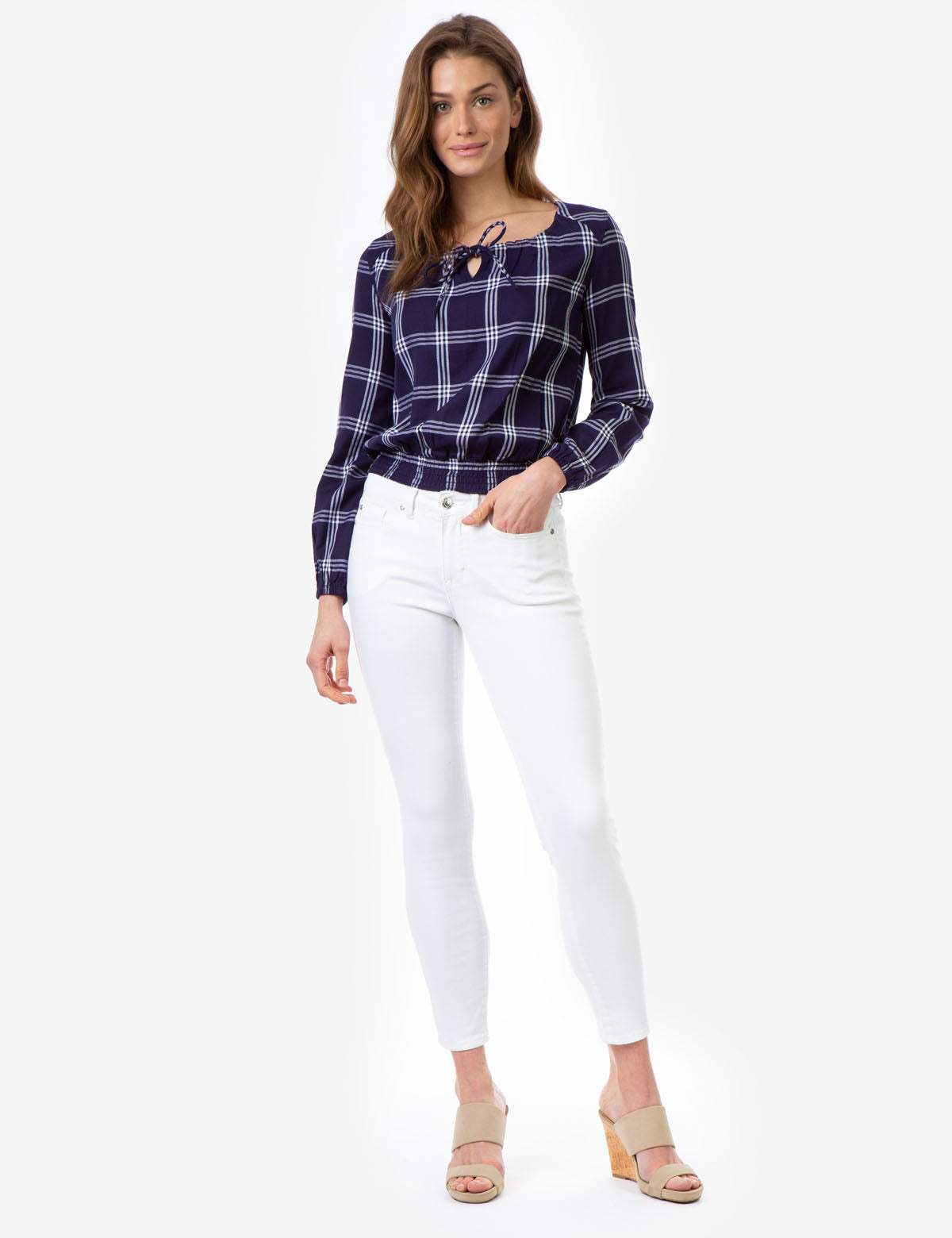 Smocked Plaid Shirt with Keyhole Neckline & Long Sleeves