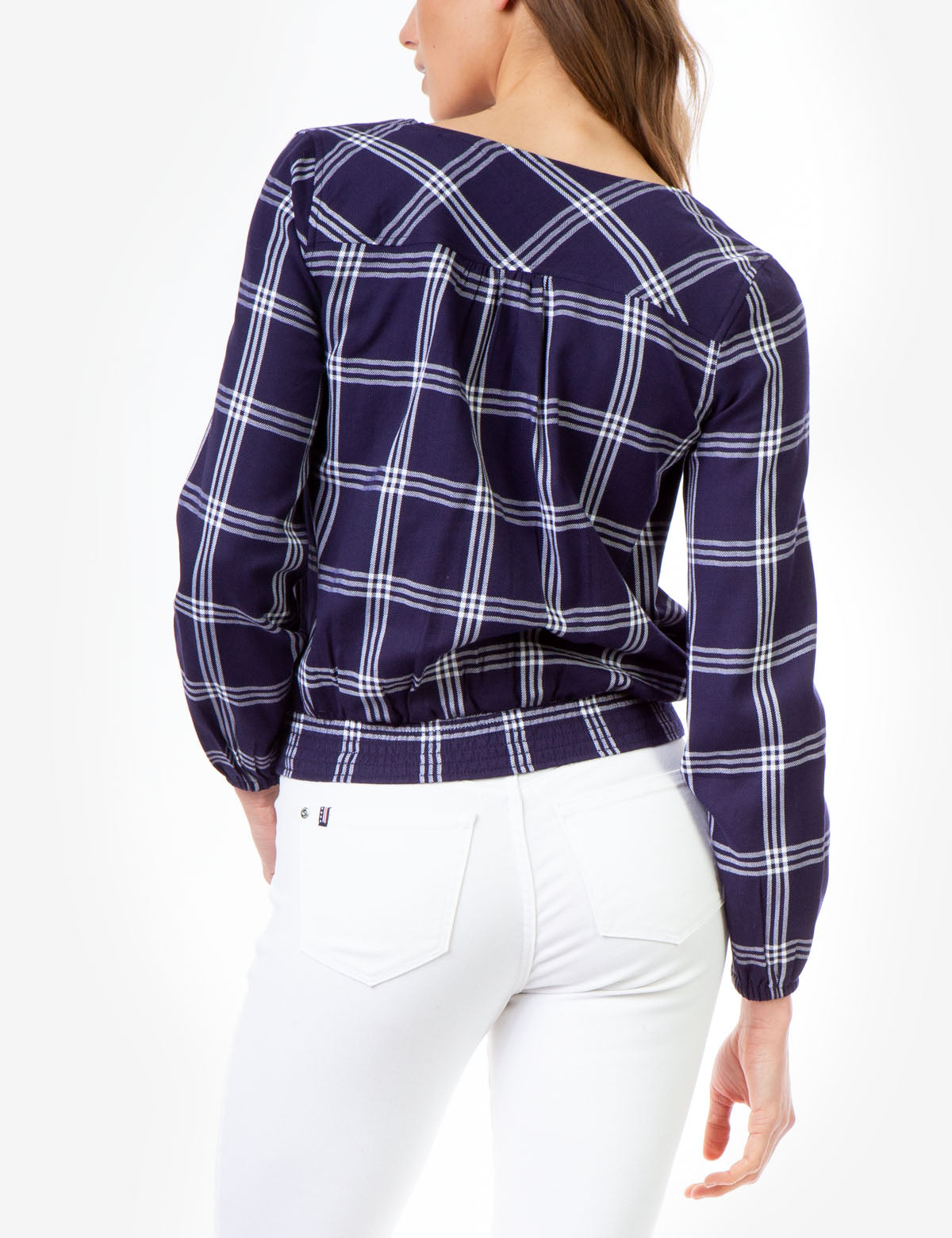 Smocked Plaid Shirt with Keyhole Neckline & Long Sleeves