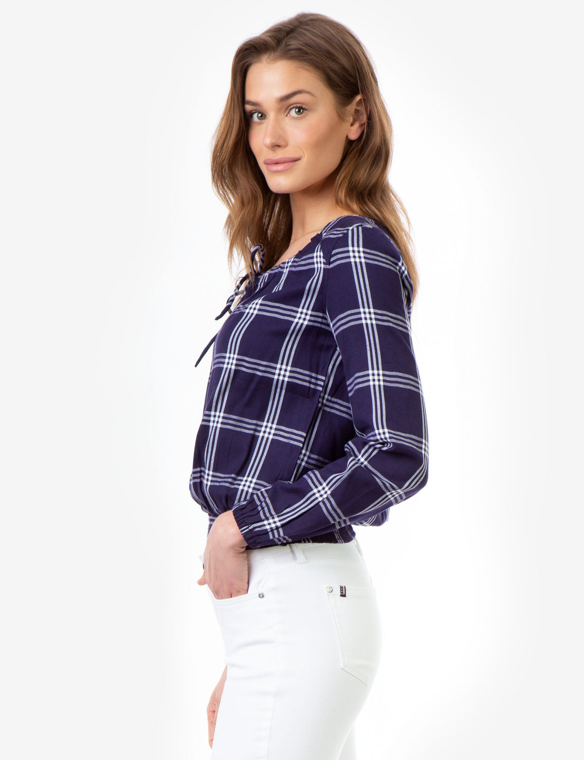 Smocked Plaid Shirt with Keyhole Neckline & Long Sleeves