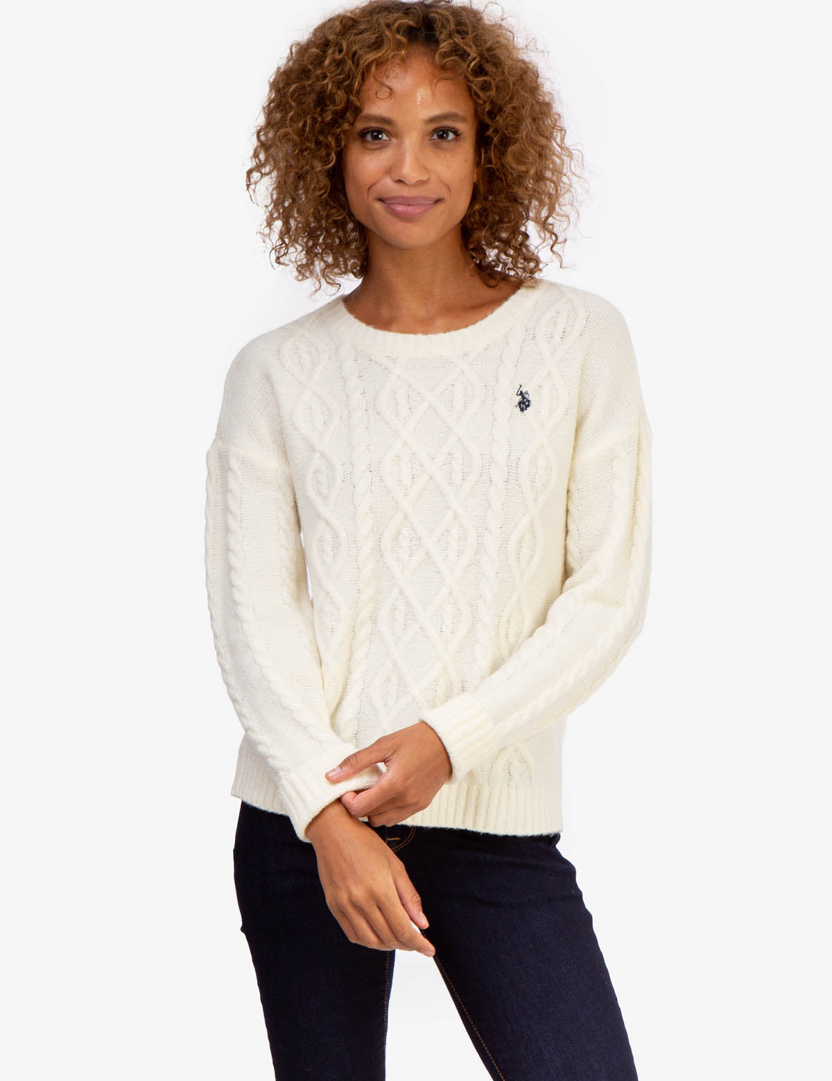 Cable Knit Sweater with Ribbed Cuffs & Crew Neck | Soft Wool