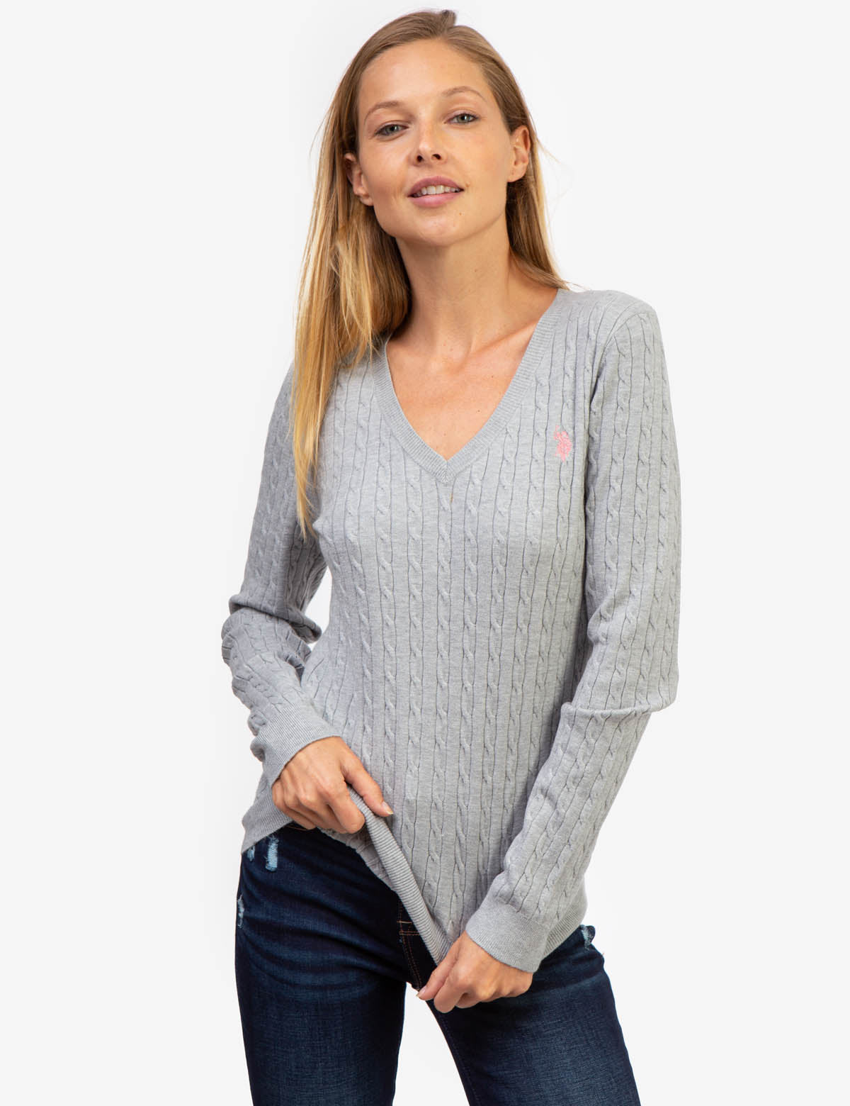 Soft Cable Knit V-Neck Sweater with Ribbed Details | Cozy Winter Wear
