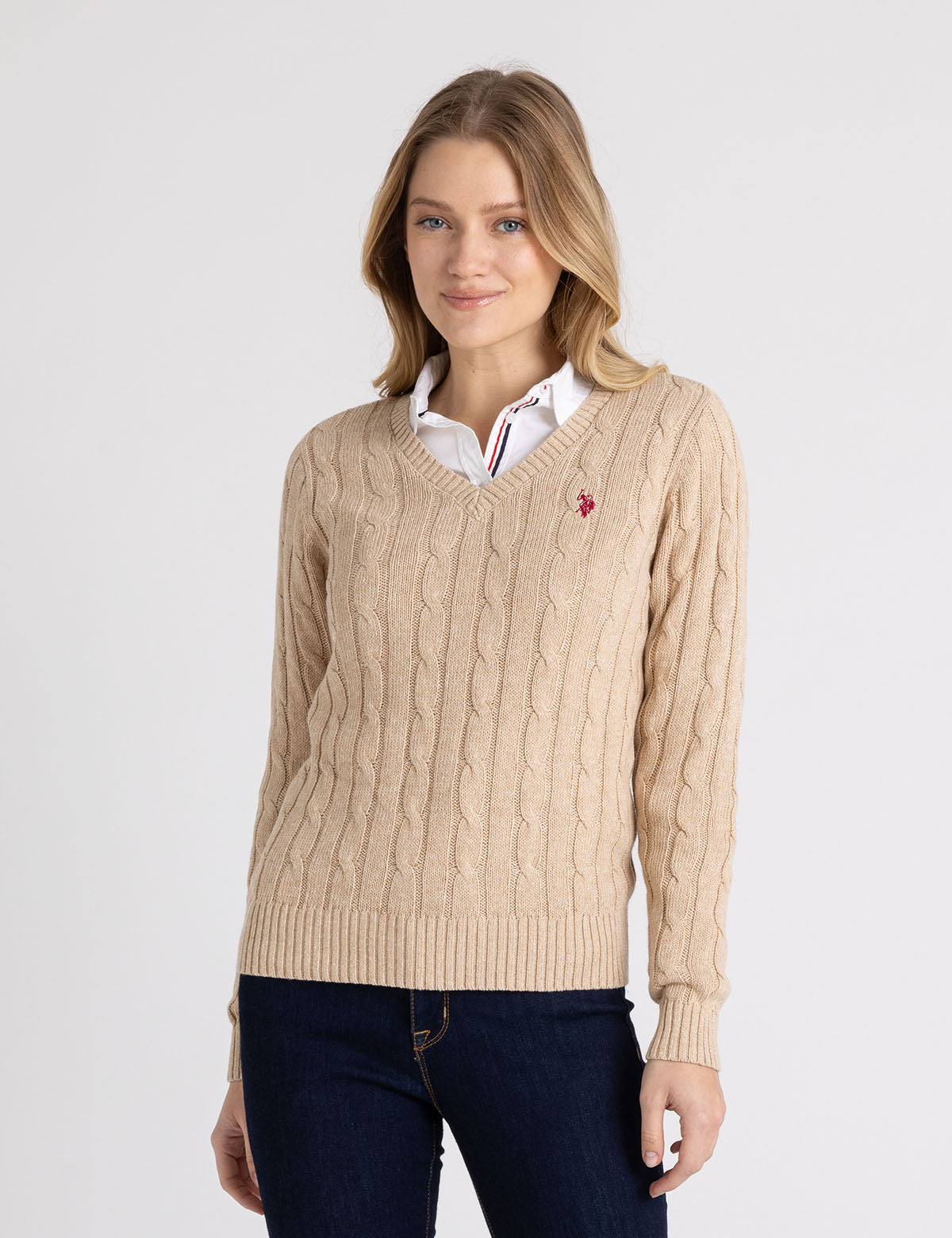 Soft Cable Knit V-Neck Sweater with Ribbed Details | Cozy Winter Wear