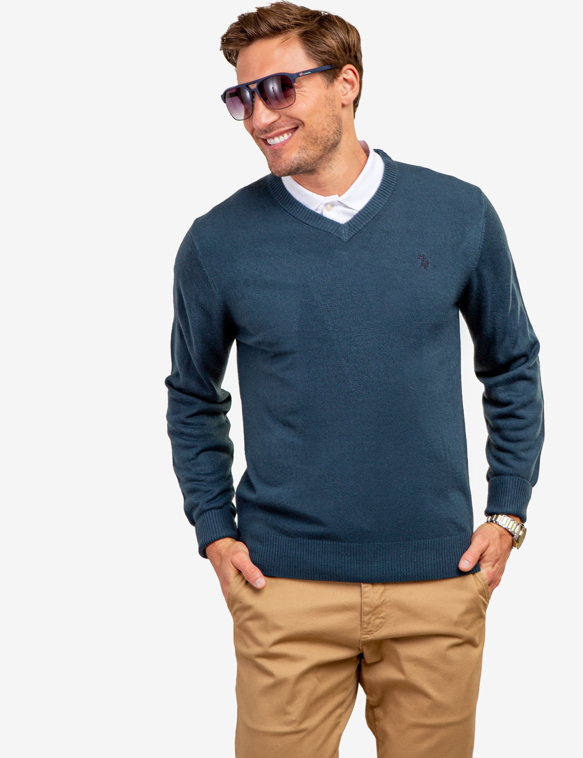 Soft V-Neck Sweater with Rib Knit Cuffs | Acrylic Comfort Wear
