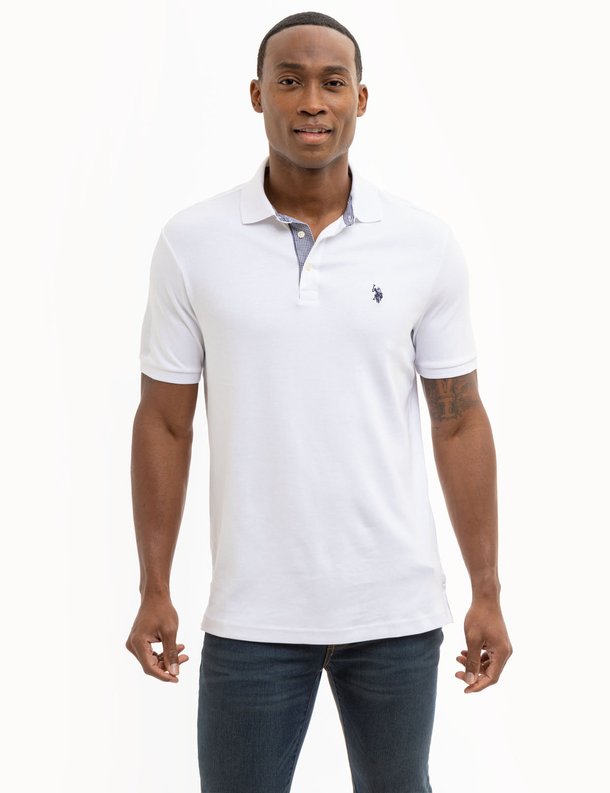 Men's Cotton Polo Shirt with Gingham Trim & Ribbed Cuffs | SOLID INTERLOCK