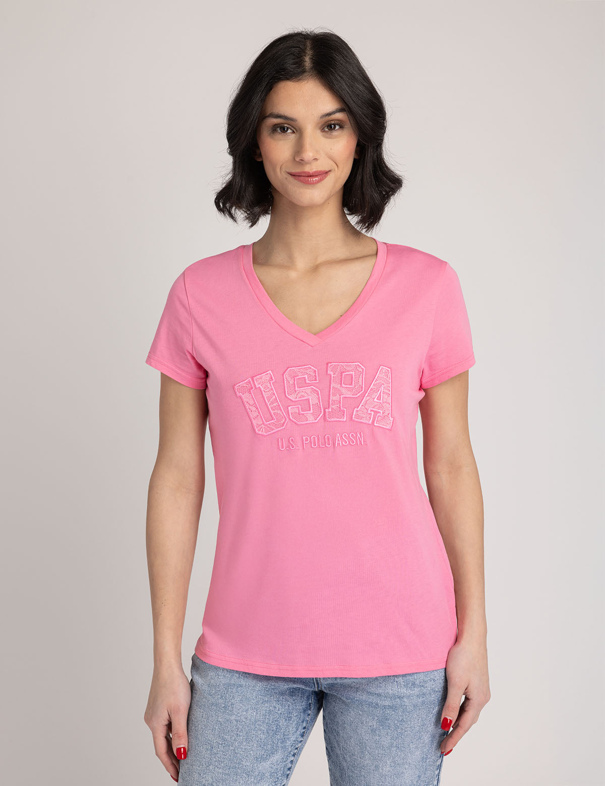 Lace Applique V-Neck T-Shirt for Women | USPA