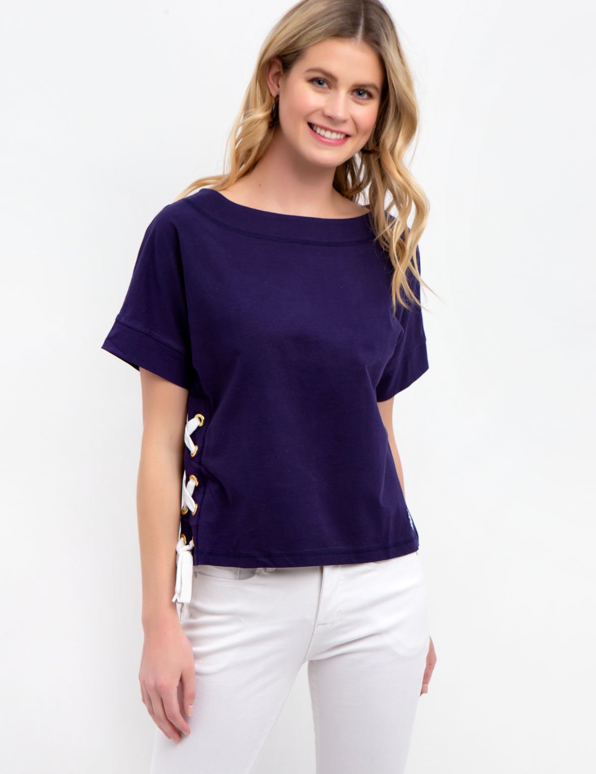 Lace-Up Cotton T-Shirt with Scoop Neck & Bell Sleeves | Solid