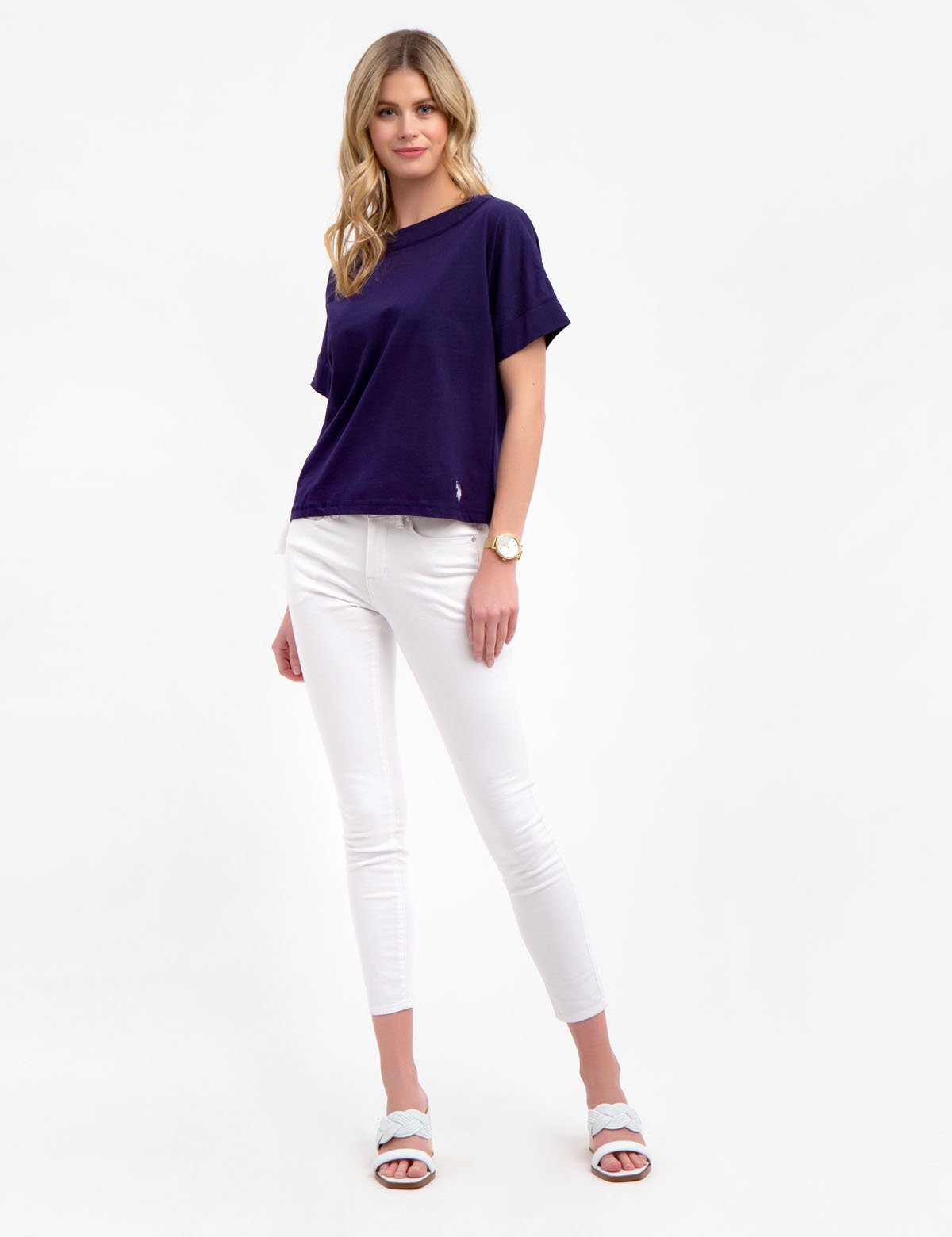 Lace-Up Cotton T-Shirt with Scoop Neck & Bell Sleeves | Solid