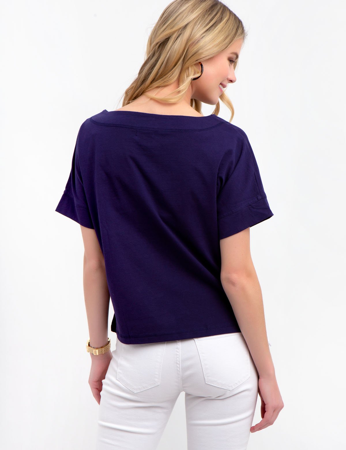 Lace-Up Cotton T-Shirt with Scoop Neck & Bell Sleeves | Solid