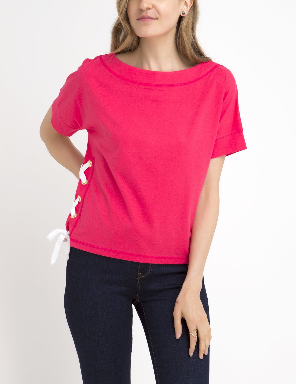 Lace-Up Cotton T-Shirt with Scoop Neck & Bell Sleeves | Solid