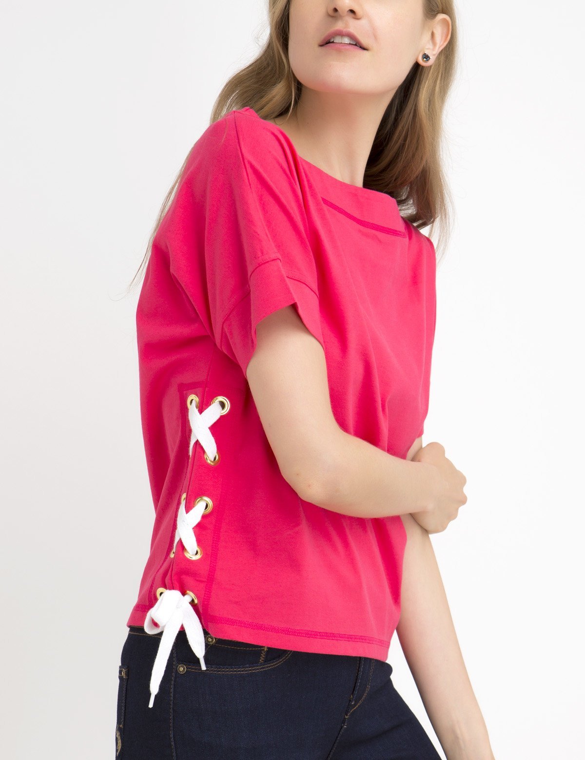 Lace-Up Cotton T-Shirt with Scoop Neck & Bell Sleeves | Solid