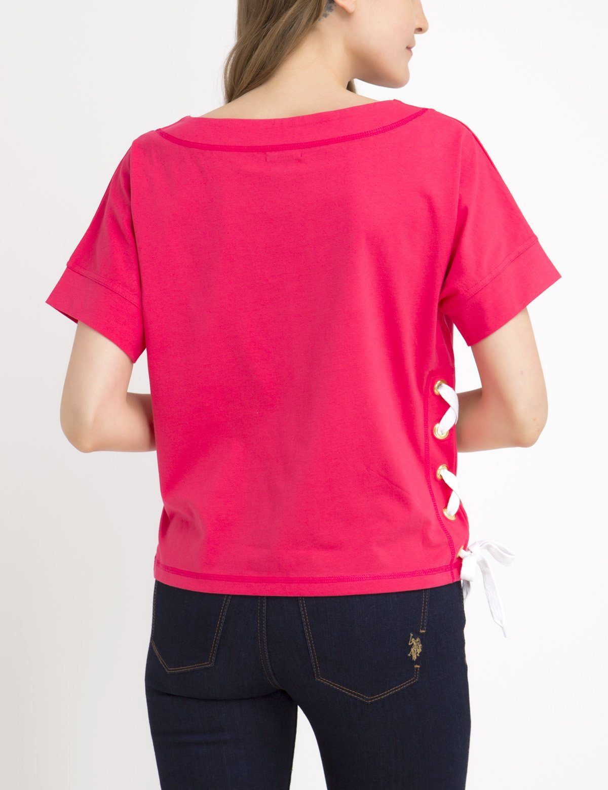 Lace-Up Cotton T-Shirt with Scoop Neck & Bell Sleeves | Solid