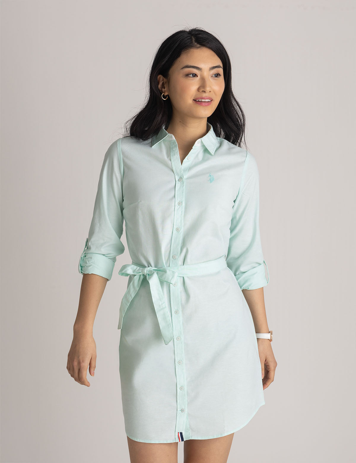 Classic Oxford Dress with Button Placket & Tie Waist | Solid