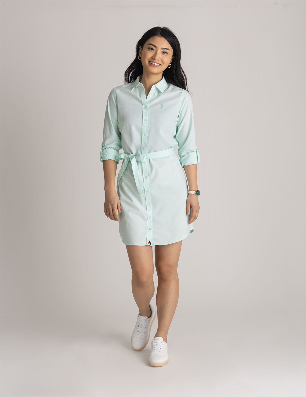 Classic Oxford Dress with Button Placket & Tie Waist | Solid