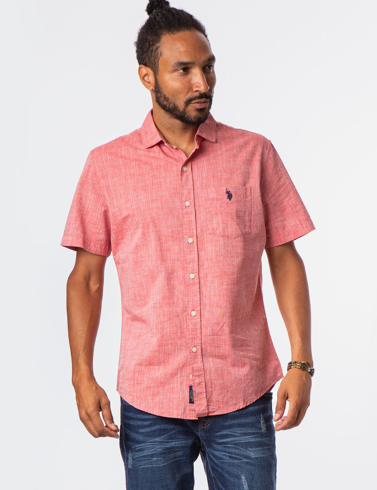 Solid Slub Canvas Short Sleeve Button-Up Shirt | USPA