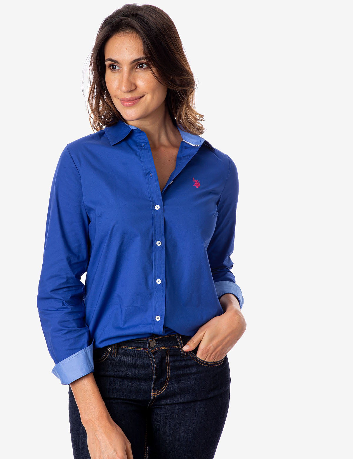 Stretch Poplin Button-Up Shirt with Contrast Trim | Solid Style