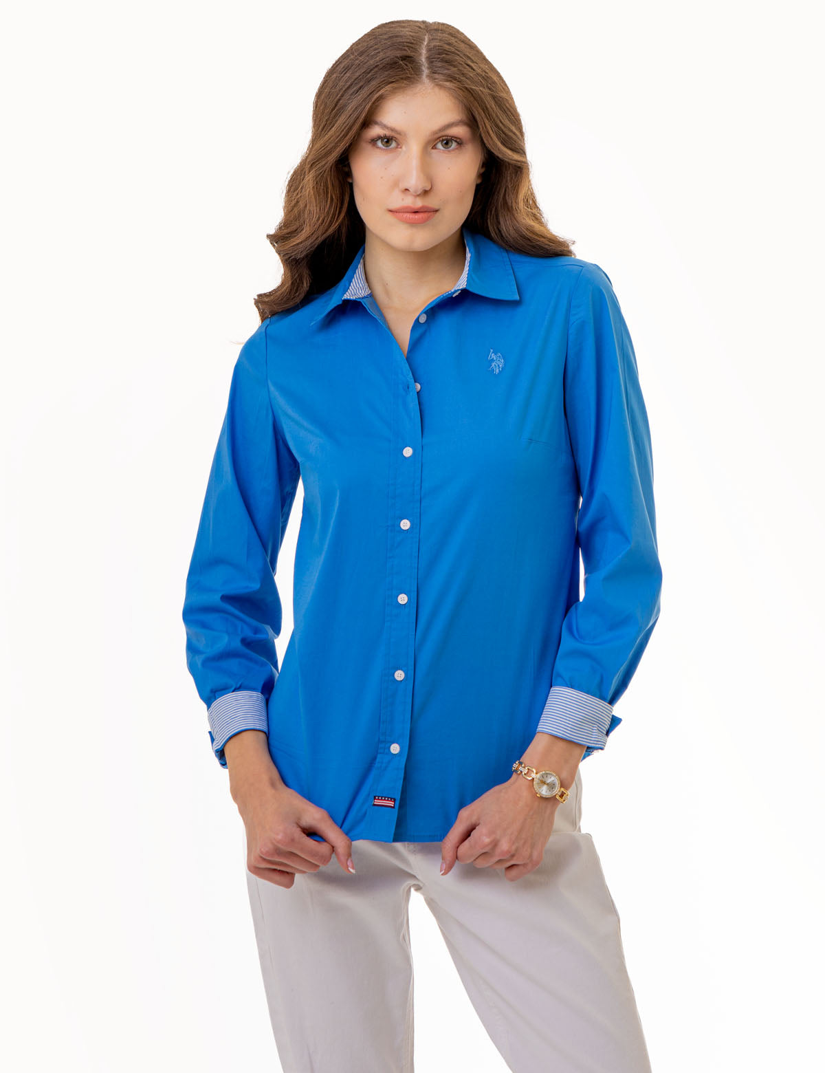 Stretch Poplin Button-Up Shirt with Contrast Trim | Solid Style