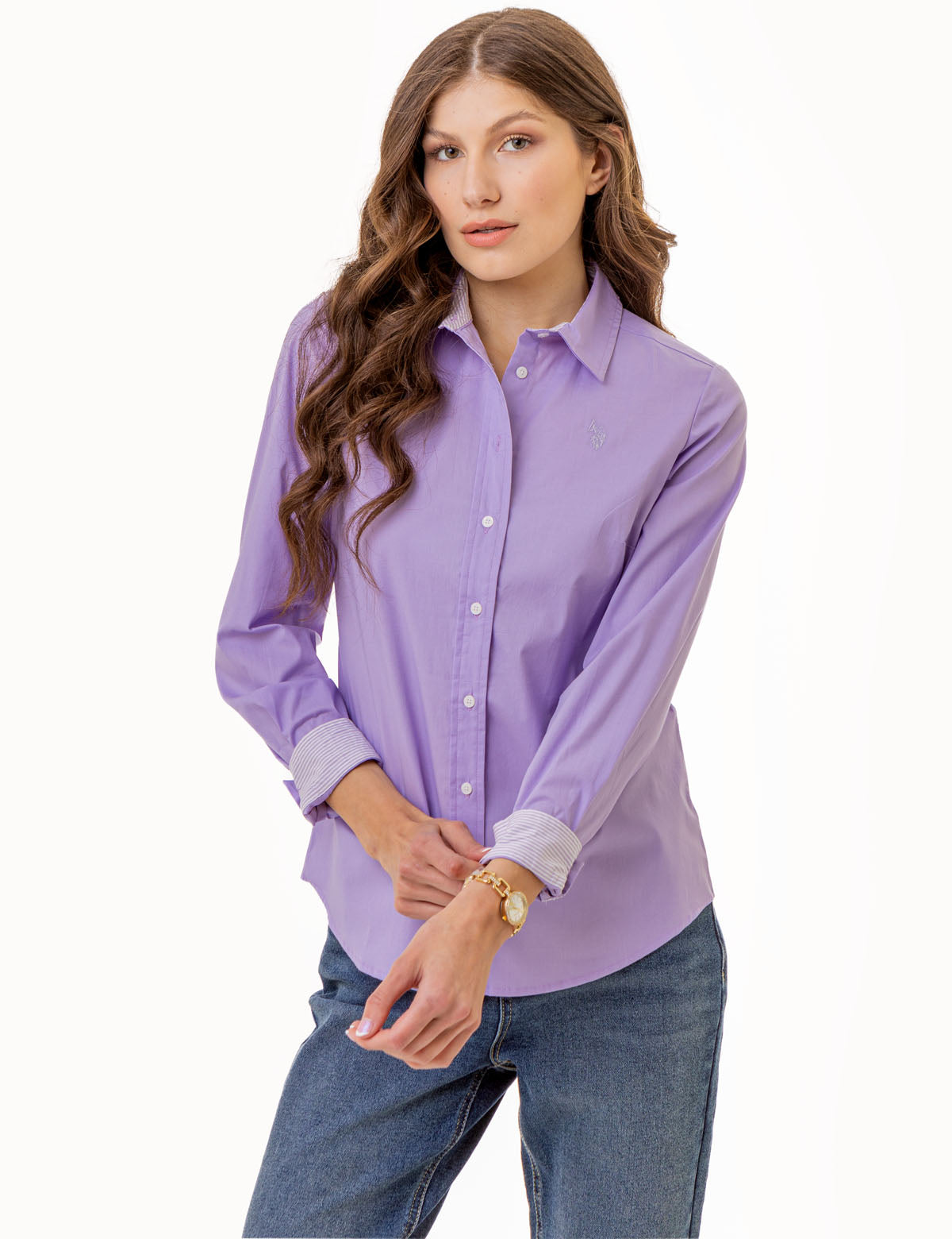 Stretch Poplin Button-Up Shirt with Contrast Trim | Solid Style