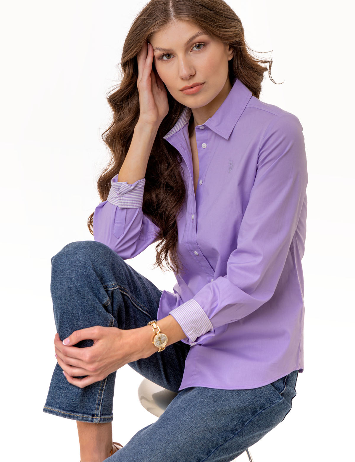 Stretch Poplin Button-Up Shirt with Contrast Trim | Solid Style