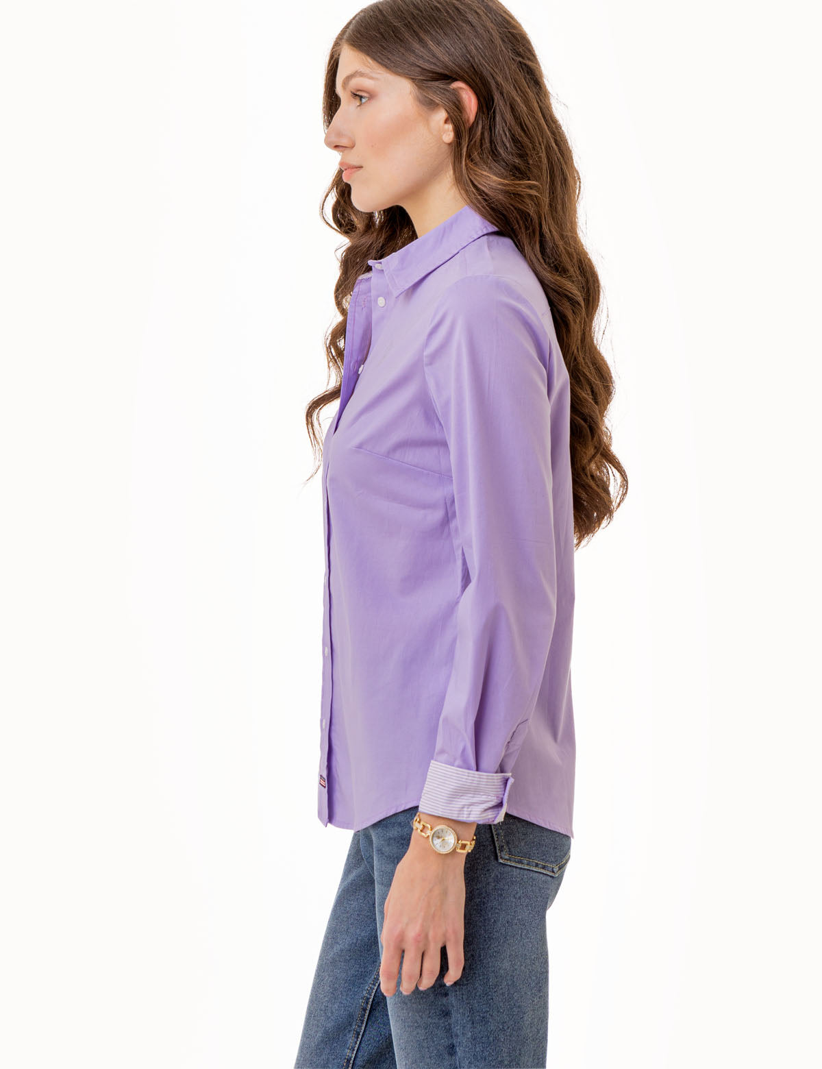 Stretch Poplin Button-Up Shirt with Contrast Trim | Solid Style
