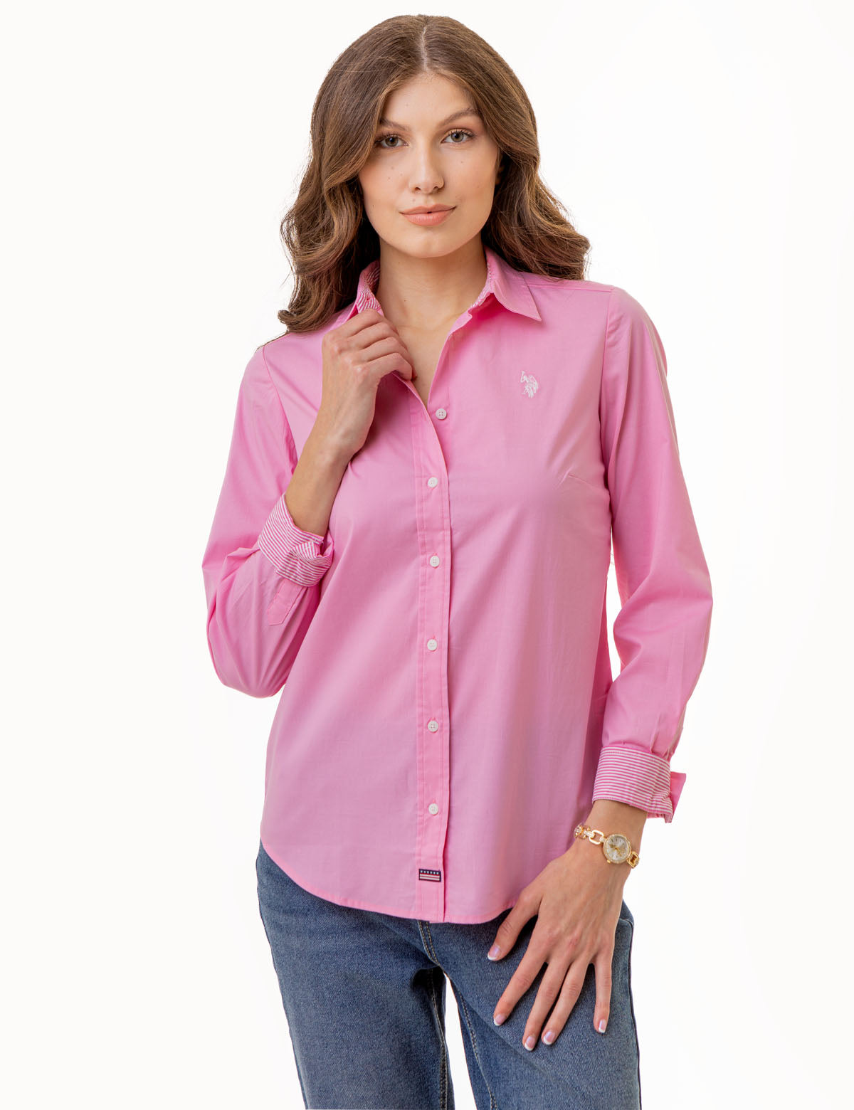 Stretch Poplin Button-Up Shirt with Contrast Trim | Solid Style