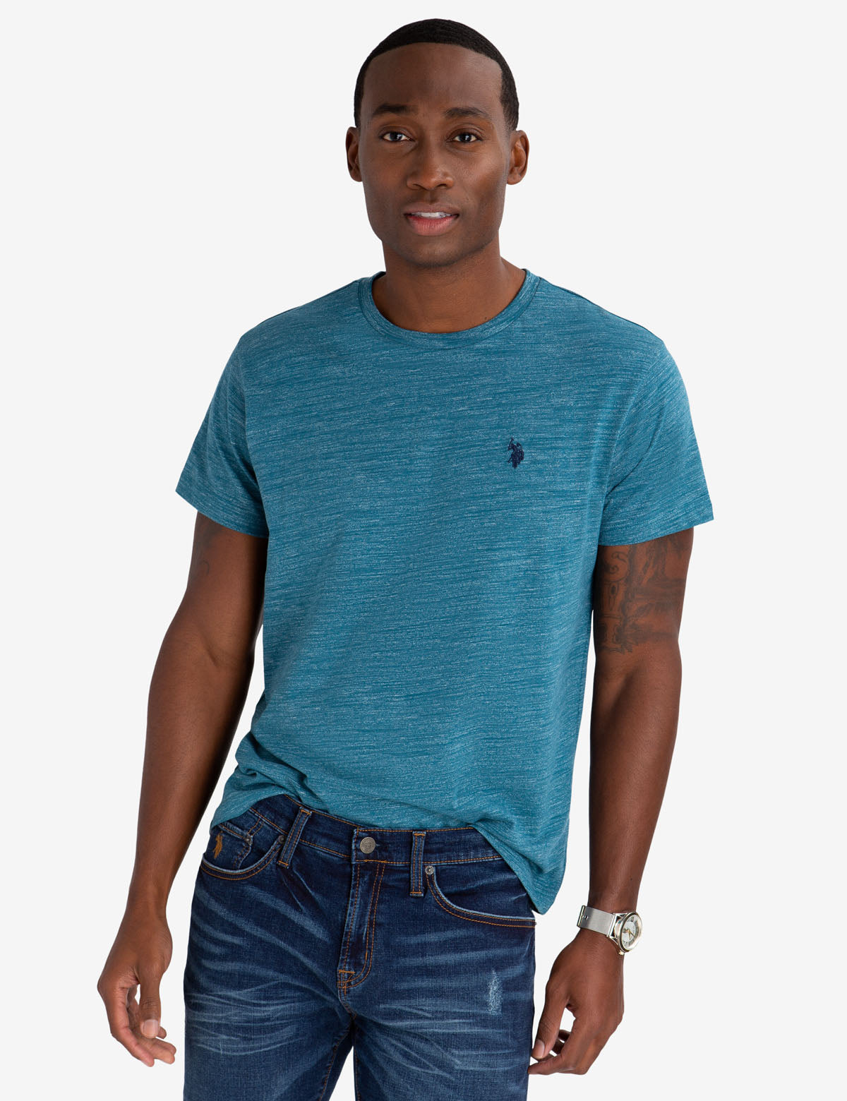 Space Dye Cotton Crew Neck T-Shirt | Embroidered Logo
